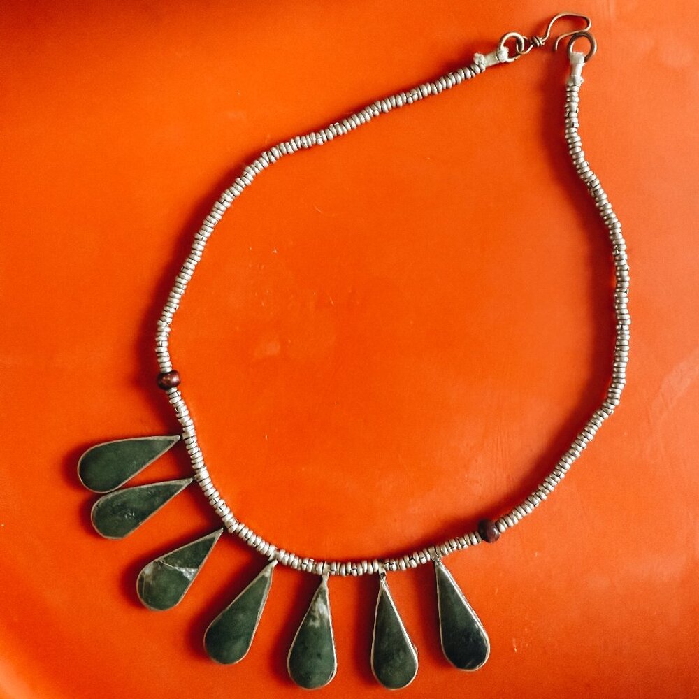Silver beaded necklace, Sage turquoise backing